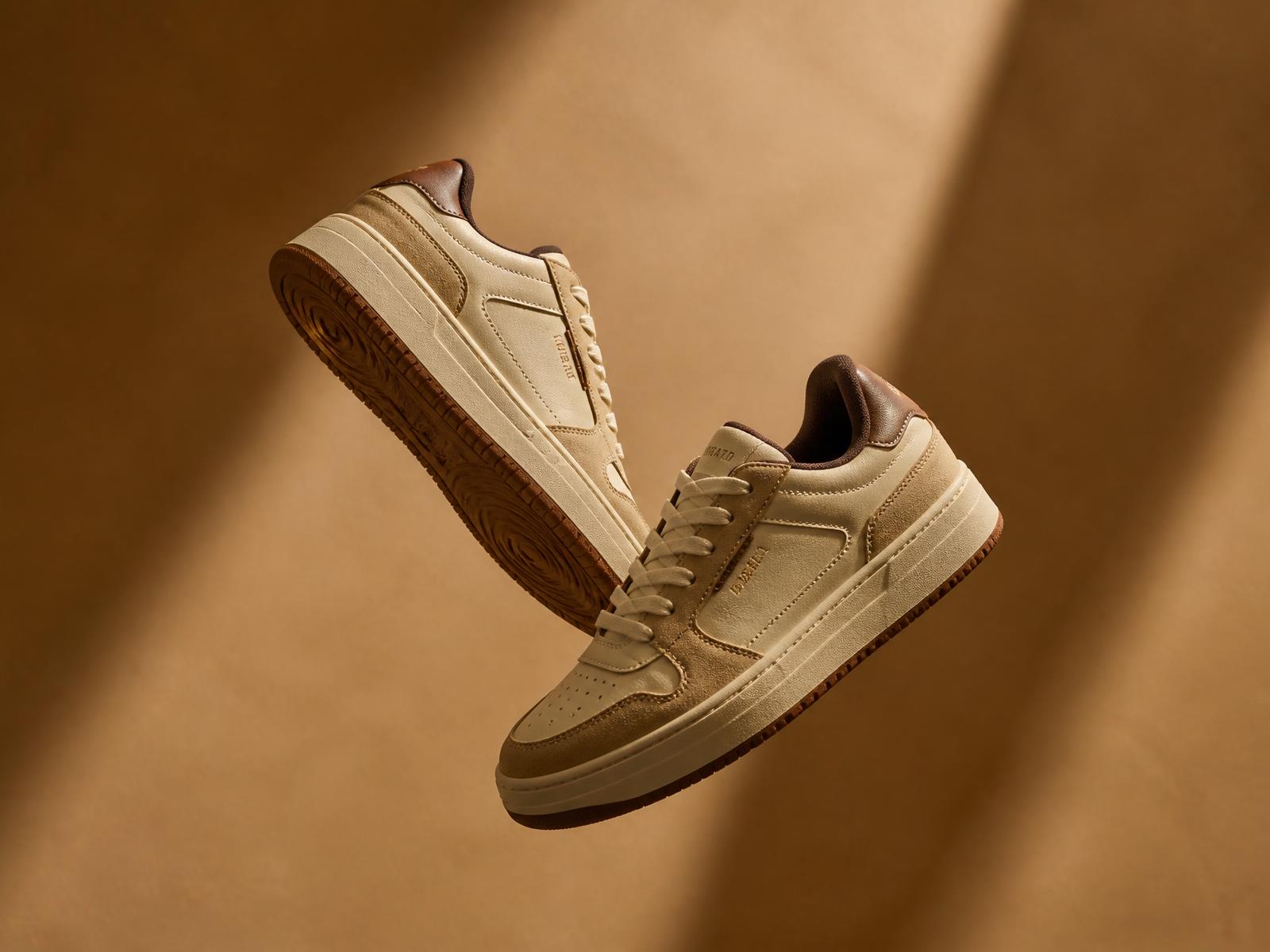 Pair of premium A SHOE IN LLC sneakers photographed on a warm studio backdrop